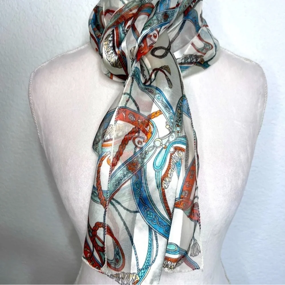 Satin & Sheer Ivory Rust & Blue Printed Scarf Ascot Hair Wrap